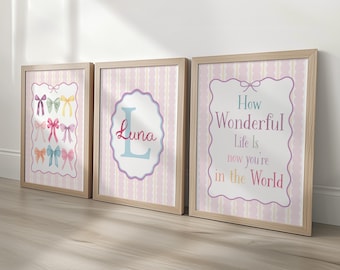 Personalised Girls Nursery Wall Art Set of 3 | Framed or Unframed | Pink Pastel Bedroom Decor | Custom Name Initial Print