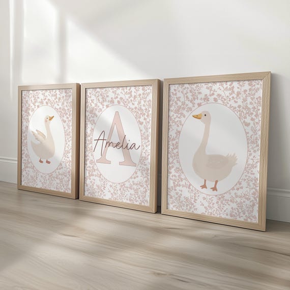 Goose Personalised Set of 3 Prints, Vintage Tolie Custom Name Poster, Soft Pink Decor Framed Wall Art Gift for Nursery, Bedroom or Playroom