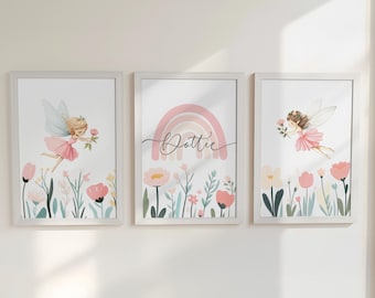 Personalised Rainbow Nursery Wall Prints, Fairies & Wildflower, Set of 3 Custom Name Girls Bedroom Decor, Framed Pictures Playroom Posters