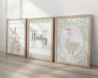 Girls Nursery Wall Art Set of 3, Bunny & Goose Prints with Personalised Name, Green Floral, Cottagecore Baby Room Decor