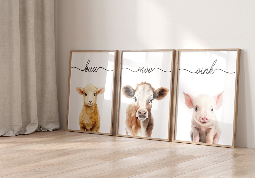 Farm Animal Nursery Prints, Set of 3 Farm Theme Nursery Decor Wall Art