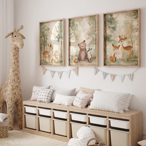 Set of 3 Woodland Animal Nursery Prints, Neutral Beige & Green Kids Bedroom Decor, Unisex Forest Playroom Posters, Scandi Wall Art Pictures image 2