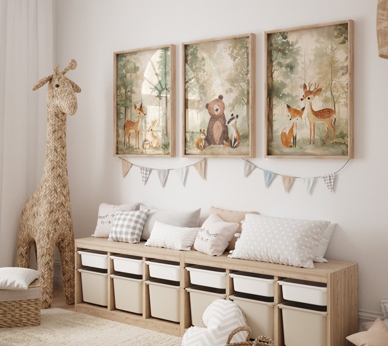Set of 3 Woodland Animal Nursery Prints, Neutral Beige & Green Kids Bedroom Decor, Unisex Forest Playroom Posters, Scandi Wall Art Pictures image 2