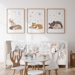 Set of 3 Woodland Animal Nursery Wall Prints, Sleeping Animals for Babies Room, Neutral Prints, Moon & Stars Wall Art, Starry Night Playroom image 7