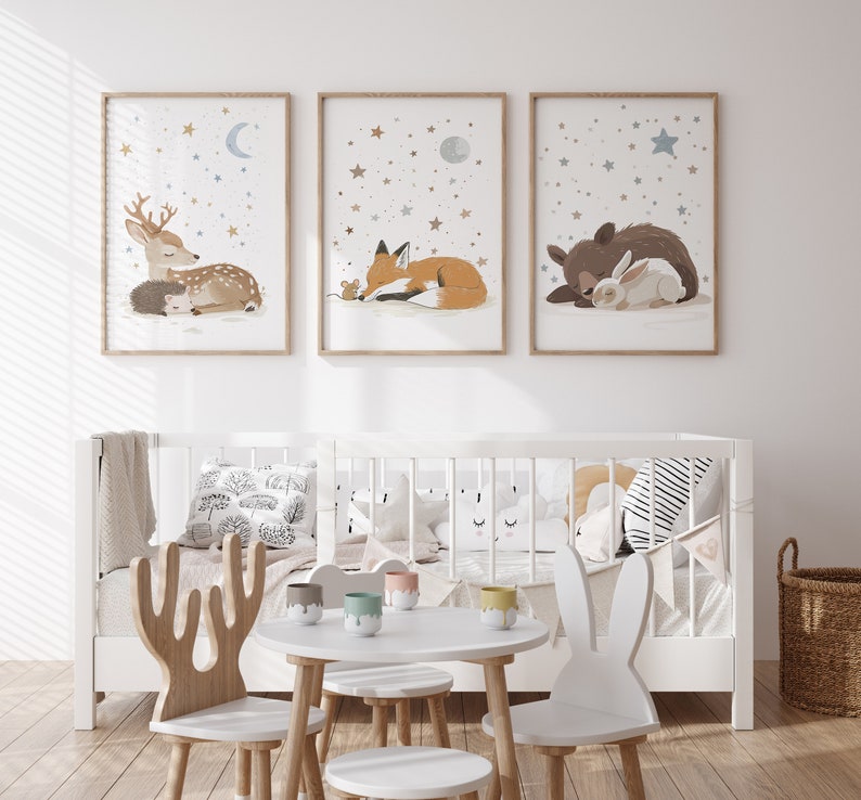 Set of 3 Woodland Animal Nursery Wall Prints, Sleeping Animals for Babies Room, Neutral Prints, Moon & Stars Wall Art, Starry Night Playroom image 7