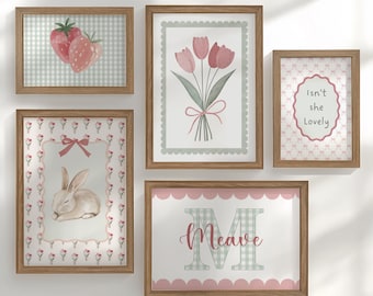 Personalised Bunny Nursery Print Set, Strawberry & Tulip Gallery Wall, Floral Baby Girl Gingham Cottagecore Wall Art - Optional Frames