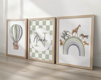 Personalised Name Safari Animal Prints, Boho Rainbow Nursery Wall Art, Set of 3 Hot Air Balloon Posters, Checkerboard Wall Art for Kids Room