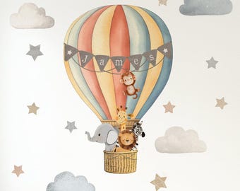 Fabric Nursery Wall Stickers - Personalised Hot Air Balloon - 8 Colours - Removable Fabric Wall Decals for Kids' Bedroom or Playroom