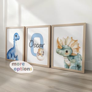 Dinosaur Personalised Nursery Wall Prints, Set of 3 Custom Initial , Boys Bedroom Decor, Girls Room Custom Pictures, Dino Playroom Posters