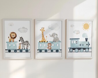 Safari Animal Train Nursery Wall Prints, Set of 3 Safari Animal Optional Oak Frame Boys Bedroom Decor, Gift for Kids Room, Playroom Posters