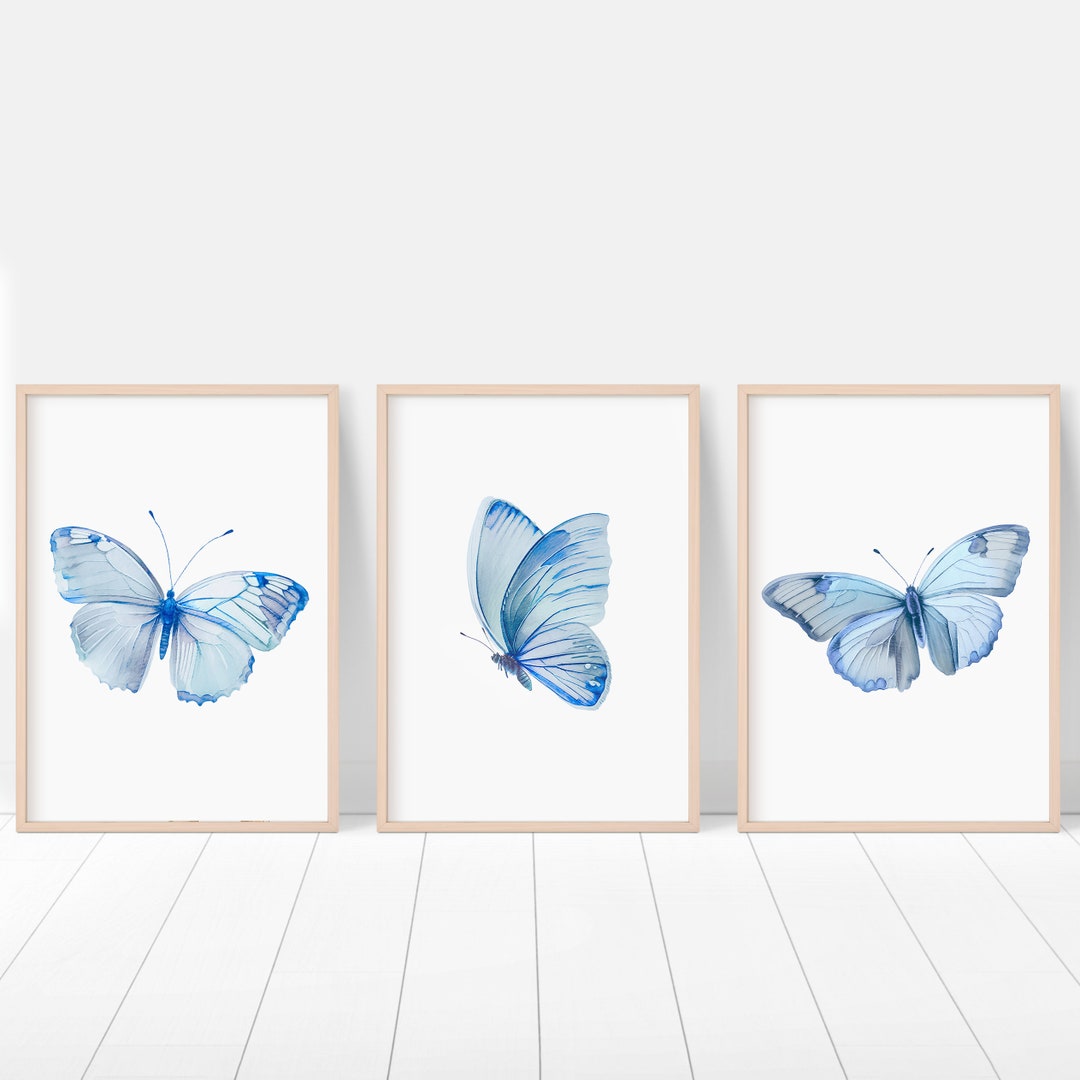 Set of 3 Blue Butterfly Prints for Nursery, Blue Bedroom Prints, Blue