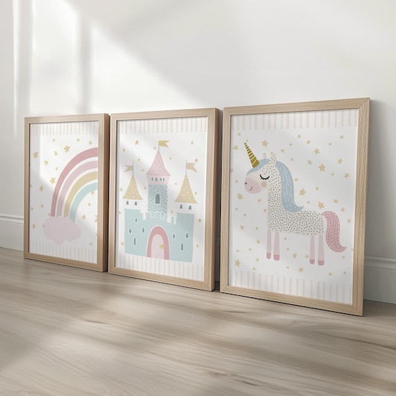 Girls Unicorn Nursery Wall Art Prints, Castle, Rainbow & Stars Set of 3 Personalised Name Girls Room Decor, Oak Framed Kids Playroom Posters