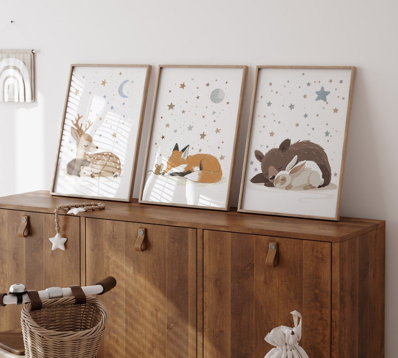 Set of 3 Woodland Animal Nursery Wall Prints, Sleeping Animals for Babies Room, Neutral Prints, Moon & Stars Wall Art, Starry Night Playroom image 9