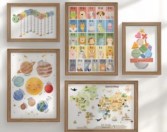 Educational Nursery Gallery Wall Set, Alphabet, Solar System Poster, World Map, Numbers and Shapes, Kids Learning Prints - Optional Frames