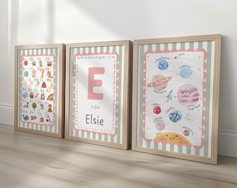 Set of 3 Personalised Nursery Prints - Alphabet, Name Initial, Solar System - Kids Educational Wall Art, Girls Bedroom & Playroom Decor
