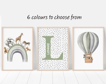 Personalised Name Safari Animal Prints, Boho Rainbow Nursery Wall Art, Set Of 3 Hot Air Balloon Pictures, Polka Dot Wall Art for Kids Room