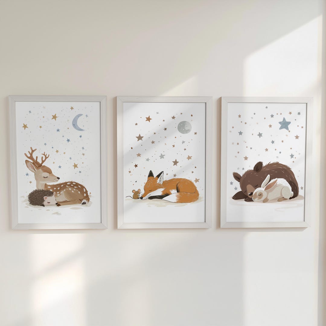 Set of 3 Woodland Animal Nursery Wall Prints, Sleeping Animals for Baby ...