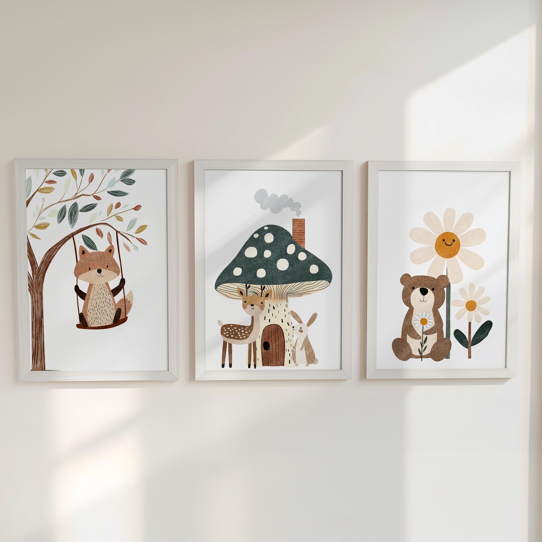 Woodland Animal Nursery Prints, Set of 3 Whimsical Folk Kids Decor Wall ...