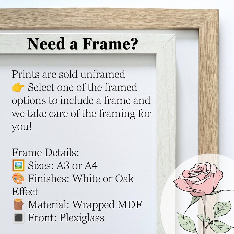 Pu&ograve; includere: Una stampa incorniciata con il testo "Need a Frame?" e dettagli sulle opzioni di cornice. I dettagli della cornice includono formati A3 o A4, finiture bianche o rovere, materiale MDF avvolto e fronte in plexiglass.