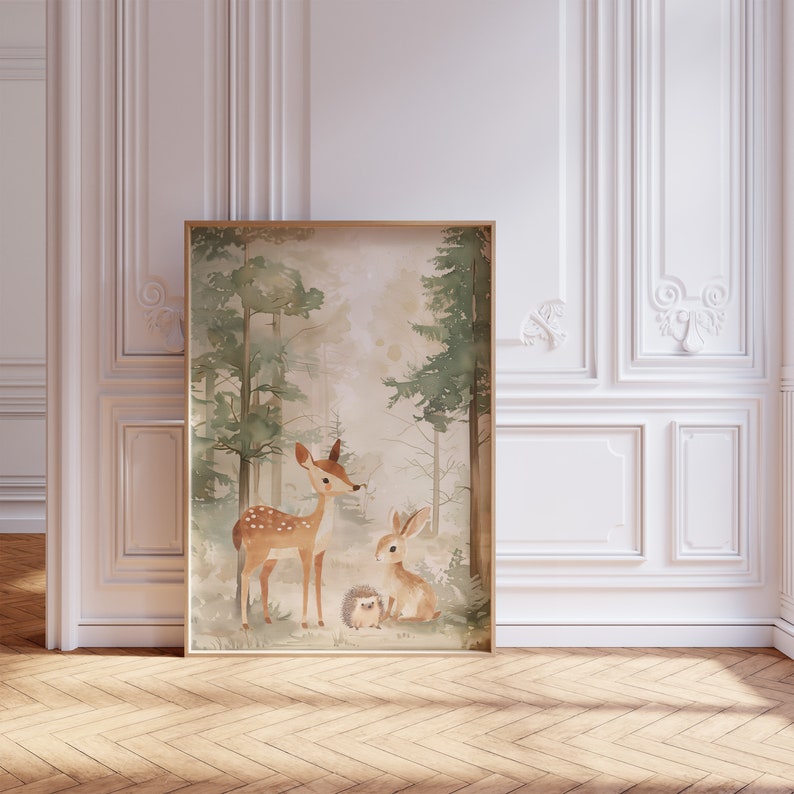 Set of 3 Woodland Animal Nursery Prints, Neutral Beige & Green Kids Bedroom Decor, Unisex Forest Playroom Posters, Scandi Wall Art Pictures image 7