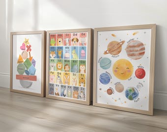 Nursery Learning Prints: Alphabet Animals, Solar System, Shapes (Set of 3)  | Framed or Unframed
