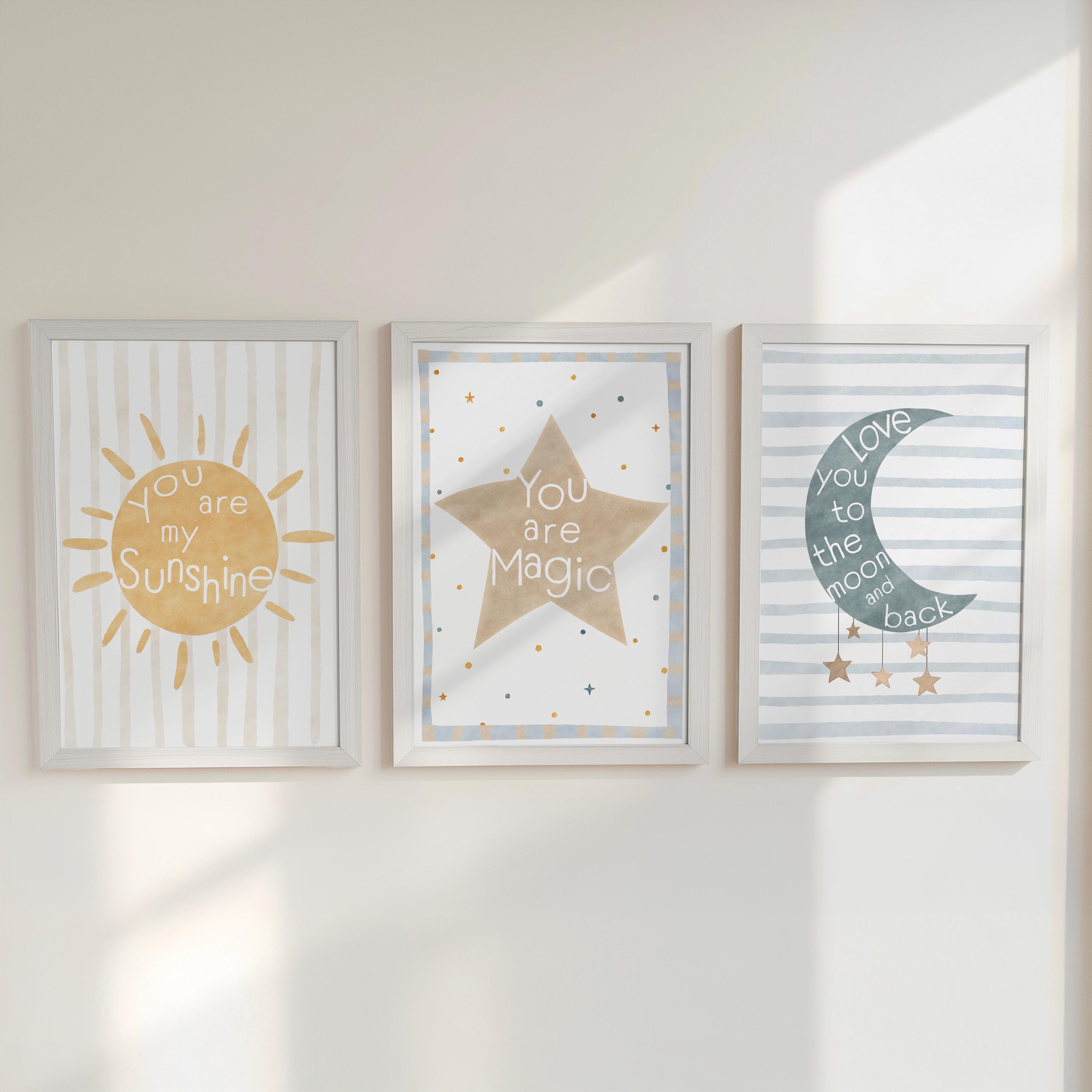 Celestial Nursery Wall Art Set of 3, Sun Moon and Star Prints in ...