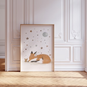 Set of 3 Woodland Animal Nursery Wall Prints, Sleeping Animals for Babies Room, Neutral Prints, Moon & Stars Wall Art, Starry Night Playroom image 5