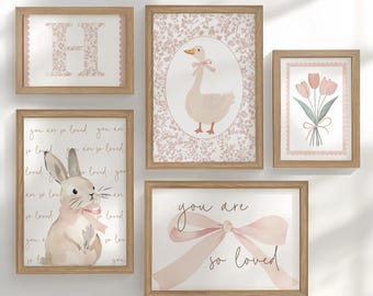 Nursery Gallery Wall Set Baby Girl, Personalised Bunny & Goose Prints in Optional White or Oak Frames, Cottagecore Room Vintage Floral Decor