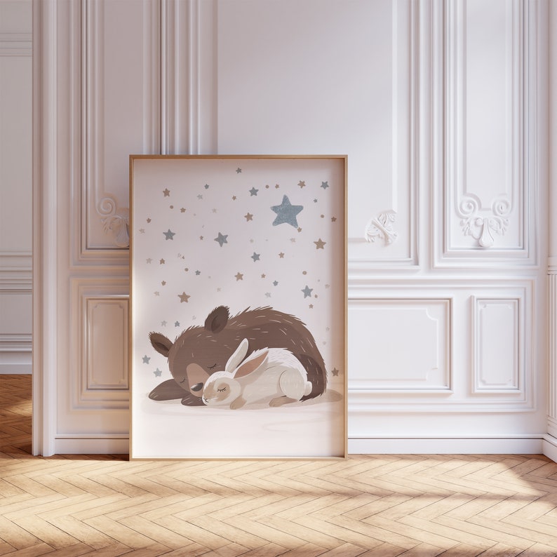 Set of 3 Woodland Animal Nursery Wall Prints, Sleeping Animals for Babies Room, Neutral Prints, Moon & Stars Wall Art, Starry Night Playroom image 6