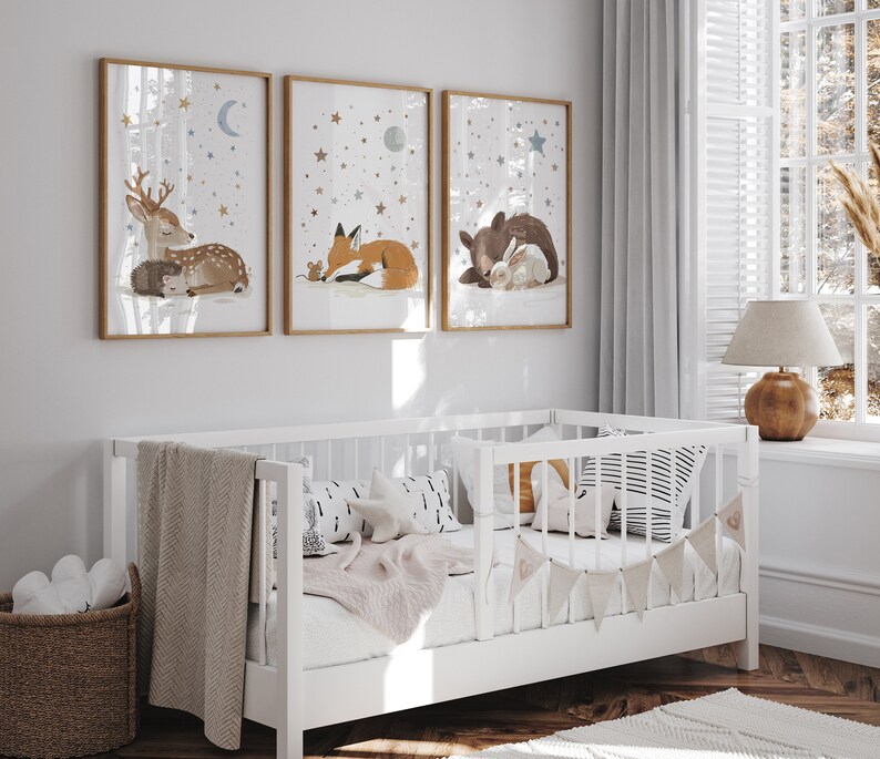 Set of 3 Woodland Animal Nursery Wall Prints, Sleeping Animals for Babies Room, Neutral Prints, Moon & Stars Wall Art, Starry Night Playroom image 2