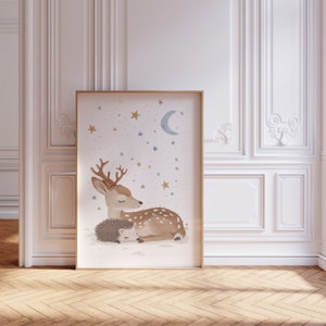 Set of 3 Woodland Animal Nursery Wall Prints, Sleeping Animals for Babies Room, Neutral Prints, Moon & Stars Wall Art, Starry Night Playroom image 4