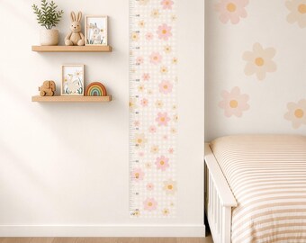 Personalised Height Chart Wall Sticker, Pink and Beige Daisies Gingham Nursery Wall Decal