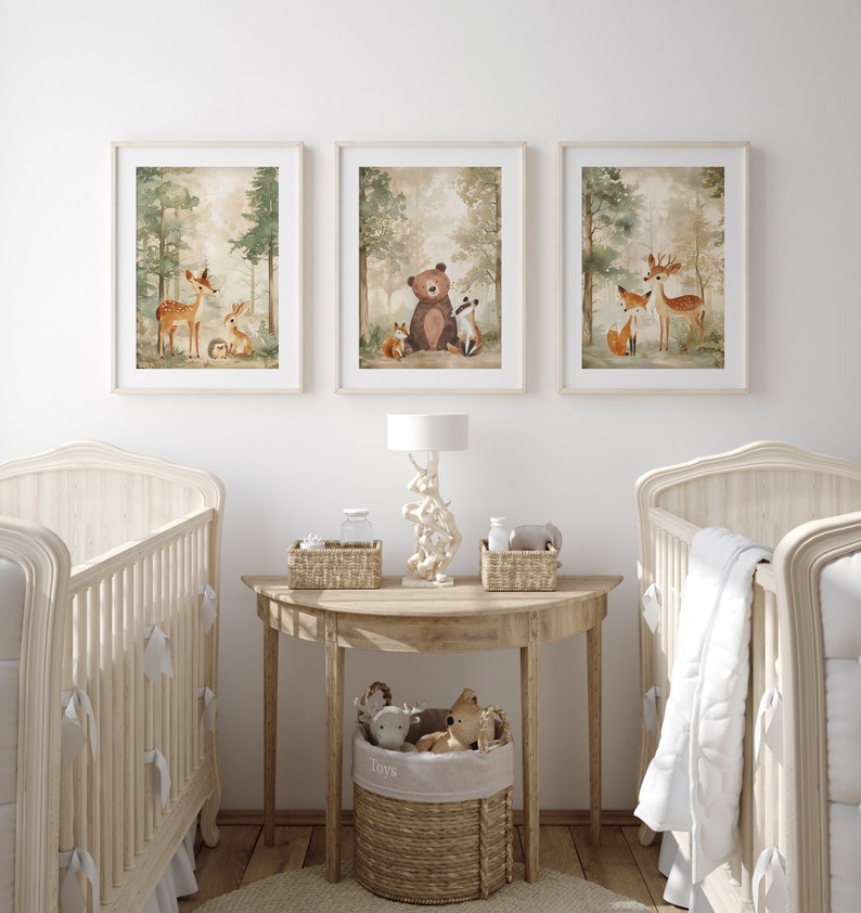 Set of 3 Woodland Animal Nursery Prints, Neutral Beige & Green Kids Bedroom Decor, Unisex Forest Playroom Posters, Scandi Wall Art Pictures image 5