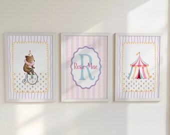 Personalised Circus Nursery Wall Art Set of 3 | Framed or Unframed | Girls Pink Circus Bedroom Decor | Custom Name Initial