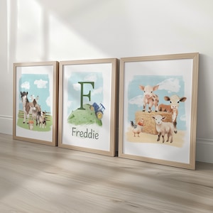 Personalised Farm Nursery Wall Prints For Boys Room, Set Of 3 Nursery Wall Art, Farm Animal Pictures, Playroom Posters, Barnyard Theme Decor