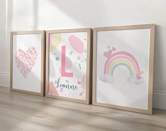 Girls Personalised Nursery Wall Prints, Pastel Pink Heart Rainbow, Set of 3 Custom Name Bedroom Decor, Framed Kids Pictures Playroom Posters