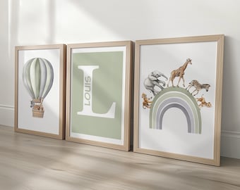 Personalised Name Safari Animal Prints, Rainbow Nursery Wall Art, Set Of 3 Hot Air Balloon Pictures, Blue Pink Beige Green Purple Kids Room