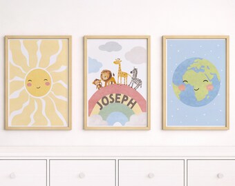 Safari Nursery Art Set of 3 Prints | Personalised Jungle Animals, Sun and Earth Print  | Framed or Unframed