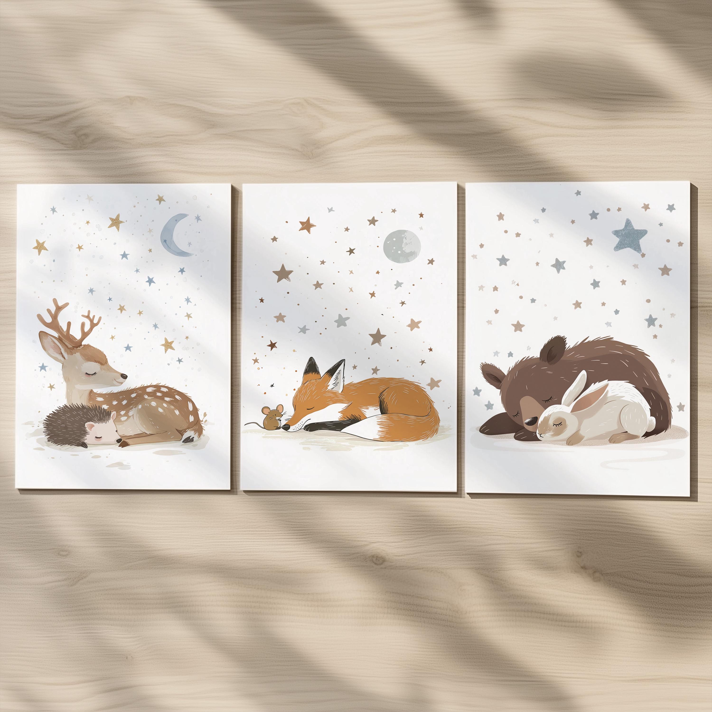 Set of 3 Woodland Animal Nursery Wall Prints, Sleeping Animals for Baby ...