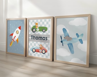 Transport Nursery Wall Art Print Set, Rocket, Racing Car and Plane Poster, Personalised Name Nursery Decor, Framed or Unframed