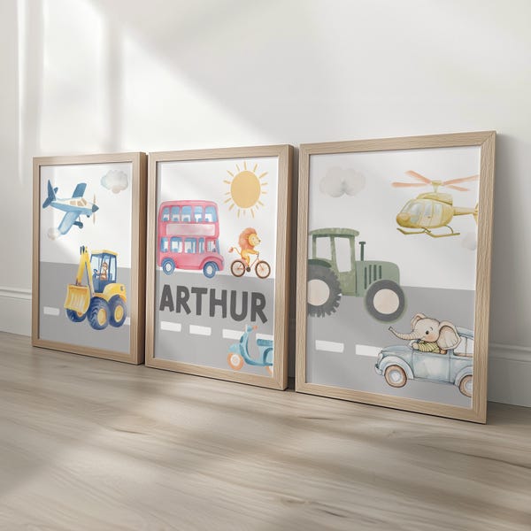 Impresiones de pared personalizadas de transporte para guardería, juego de 3 impresiones de animales de safari con marco personalizado para decoración de dormitorio de niños, regalo para habitación de niños, carteles para sala de juegos