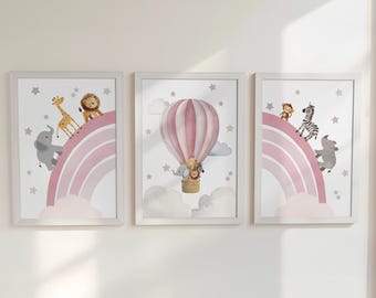 Rainbow Safari Animal Nursery Wall Prints, Set of 3 Blue, Green, Beige, or Pink Personalised Hot Air Balloon, Framed or Unframed