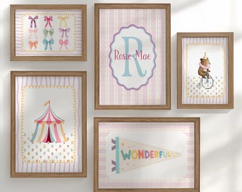 Personalised Circus Nursery Wall Art Set of 5 Prints | Girls Pink Vintage Circus Gallery Wall Posters in Optional White or Oak Frames