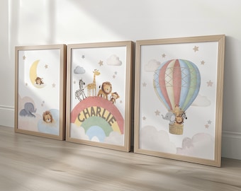 Rainbow Animal Nursery Wall Prints, Set of 3 Hot Air Balloon, Safari Animal Kids Room Posters, Framed or Unframed