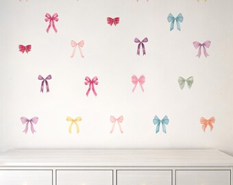 Colourful Bow Wall Decals – Set of 20 Pastel Ribbon Stickers for Girls Bedroom, Nursery Bow Wall Stickers, PVC Free Fabric Decals