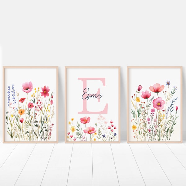 Personalised Wildflower Set Of 3 Nursery Wall Art Prints For Girls Room, Botanical Girl Bedroom, Pink Floral Decor, Custom Initial Print