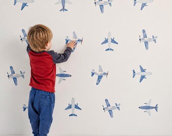 Watercolour Aeroplane Fabric Wall Stickers, Plane Nursery Decor, Transport Wall Decals, Boys Bedroom Wall Art