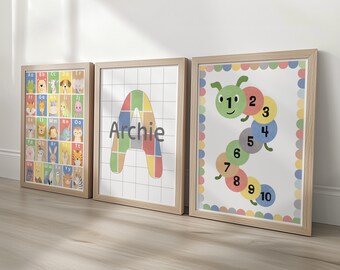 Animal Alphabet Print Set, ABC &  Numbers Nursery Wall Art, Personalised Educational Posters, Available Framed or Unframed