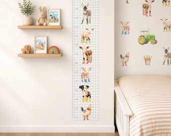 Personalised Height Chart Wall Sticker, Farm Animal Green Gingham Nursery Wall Decal