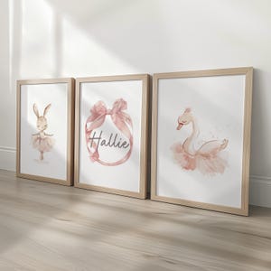 Set of 3 Personalised Girls Ballet Nursery Prints, Childs Custom Name Poster, Pink Dance Decor Wall Art for Nursery, Bedroom or Playroom